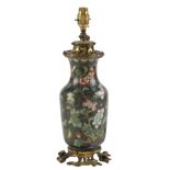 A rococo style lacquered brass oil lamp, incorporating a Chinese cloisonne enamel vase, late 19th c,