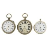 Three silver lever watches, late 19th c, various sizes One lacking the bow, all requiring attention;