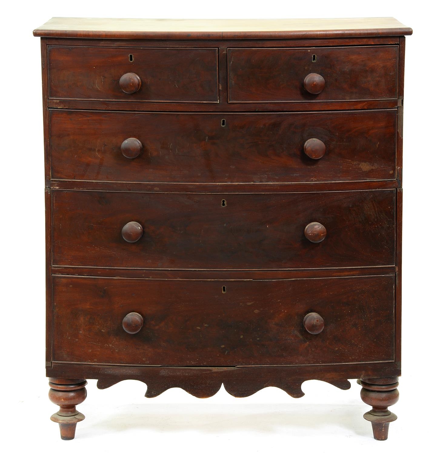 A Victorian  bow fronted mahogany chest of drawers, on turned feet, 119cm h; 55 x 103cm,