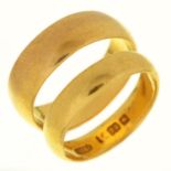 Two 22ct gold wedding rings, 9.7g, size I½ and M Wear consistent with age