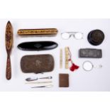 A Victorian Tunbridge ware clothes brush and other contemporary articles, to include spectacle