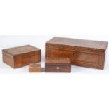 A Victorian walnut and coloured straw work writing box, 50cm l and three various other boxes (4)