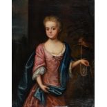 English School, early 18th c - Portrait of Dame Alice Barker, three quarter length in a red dress