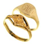 A gold signet ring, marks rubbed, 3.3g, size L and another ring (2) Both worn