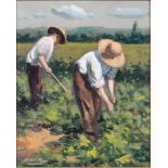 20th c School - Two Field Workers, indistinctly signed, oil on board, 26 x 21cm Good condition