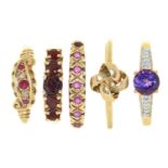 Five gold rings, variously gem set, 9.6g, various sizes Good condition