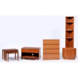 A nest of teak tables, c1970, 44cm h; 38 x 62cm, a teak corner cupboard, chest of drawers and