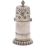 A William  III silver caster and cover, the domed lid with fluted top and urnular finial, moulded
