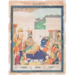 Indian School - Miniature: A Mughal Ruler enthroned before a Company, ink and gouache, 30 x 23cm,