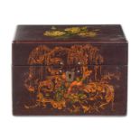 A Victorian papier mache stationery box, Jennens and Bettridge, painted with flowers on a brown