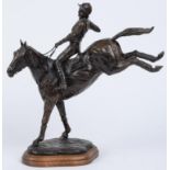 A bronze sculpture of the horse "Regal Realm" and Lucinda Green, 1984, shaped walnut base, 40cm h