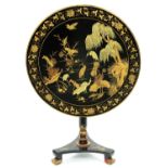 A Chinese black and gold export lacquer pedestal table, 19th c, the round top decorated with birds