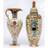 A Fischer ewer and vase and cover, late 19th c, similarly decorated in Iznik style with stylised