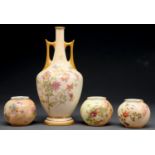 A Royal Worcester two handled vase and three Royal Worcester globular vases of similar shape, c1900,
