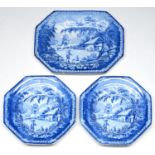 A Brameld blue printed earthenware Peasant pattern octagonal dish and pair of soup plates, c1820-30,