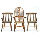 A beech Windsor smoker's bow, seat height 44cm and two ash kitchen chairs (3) All dusty/dirty but