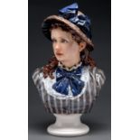 Studio pottery. Harry Everington (1929-2000) - Bust of a Victorian girl in a bonnet, glazed