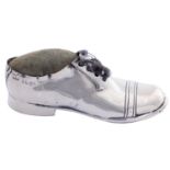A George V silver shoe novelty pin cushion, oak sole and heel, 12.5cm l, by S Blanckensee & Son Ltd,
