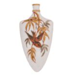 A Royal Worcester scent bottle, c1880, of flattened shield shape, enamelled and gilt with a bird and