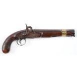 A regulation bore pistol, c1800, flintlock converted to percussion, with octagonal barrel, brass