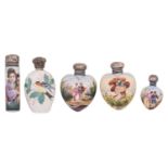Five Continental silver mounted porcelain scent bottles, late 19th c,  painted with young women,