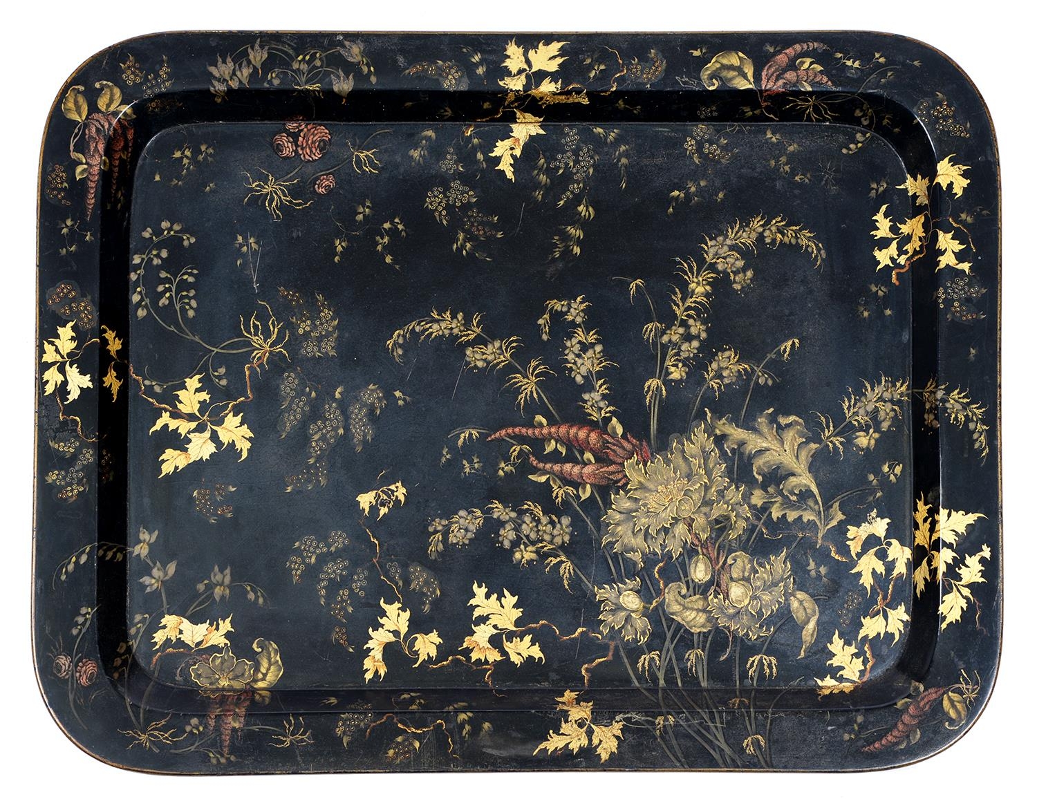 A Victorian papier mache tea tray, c1850,  sandwich edged and stencilled in gilt with flowers and