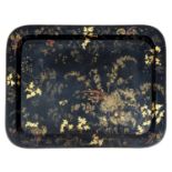 A Victorian papier mache tea tray, c1850,  sandwich edged and stencilled in gilt with flowers and