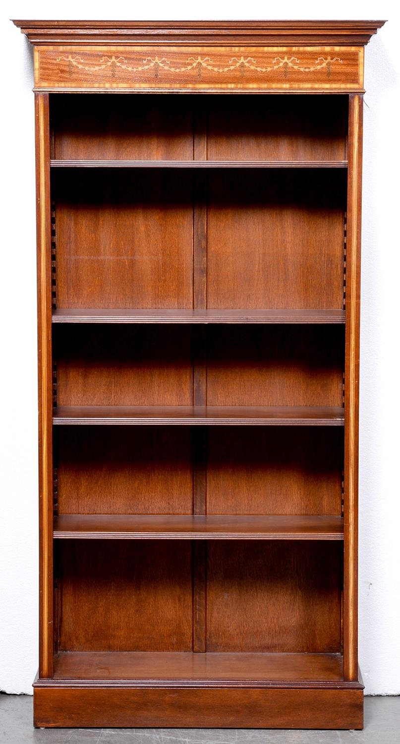 A mahogany and inlaid open bookcase, 20th c, in neo classical style, with adjustable shelves,