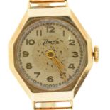 A Timor 9ct gold lady's wristwatch, 21 x 23mm, Chester 1949, on gold plated bracelet Movement not in