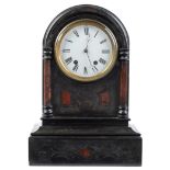 A marmo nero belgio and inlaid mantel clock, late 19th c, the arched case with pilasters and 5"