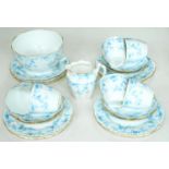 A Wileman & Co blue printed bone china floral tea service, early 20th c, printed marks Good