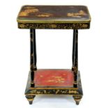 A Regency chinoiserie japanned lamp table, early 19th c, with brass rim, on associated base and