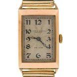 A Rolex 9ct gold rectangular   gentleman's wristwatch, Unicorn, retained by James Moore, Derby, 17