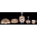 Two Royal Crown Derby Imari pattern vases and a box and cover, 1914, 1917 and 1918, largest vase