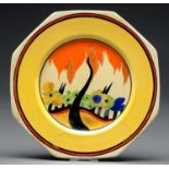 Clarice Cliff. An A J Wilkinson Applique Garden octagonal plate, 1930-31, 23cm and two Clarice Cliff