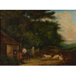 British School, 19th century -  Man on a Pony and other Figures at the Edge of a Wood, oil on