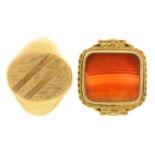 A 9ct gold signet ring, London 1968, 10.5g and a cornelian signet ring, in gold marked 9ct, 7.8g,