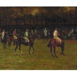 J R Smith (20th c) - Race Horses in the Paddock, signed, oil on canvas, 49 x 60cm Varnish requires a