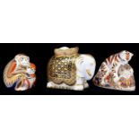 Three Crown Derby paperweights - tiger, elephant and monkey, printed mark, gilt stoppers, silver