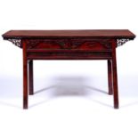 A South East Asian stained wood altar table,  early 20th c, 91cm h; 65 x 159cm Much dirt and small