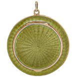 A silver gilt and chartreuse guilloche enamel compact, with mirror to the underside of the lid, 40mm
