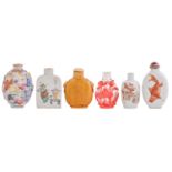 Six Chinese snuff bottles, early 20th c, comprising four of porcelain, one decorated in high