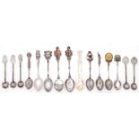 Miscellaneous silver and silver coloured metal souvenir spoons, several enamelled, 20th c, 5ozs