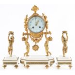 A French ormolu and statuary marble garniture de cheminee, early 20th c, in Louis XVI style, the