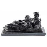 A bronze sculpture of two reclining figures, 20th c, black patina, 36cm l, slate base Patina