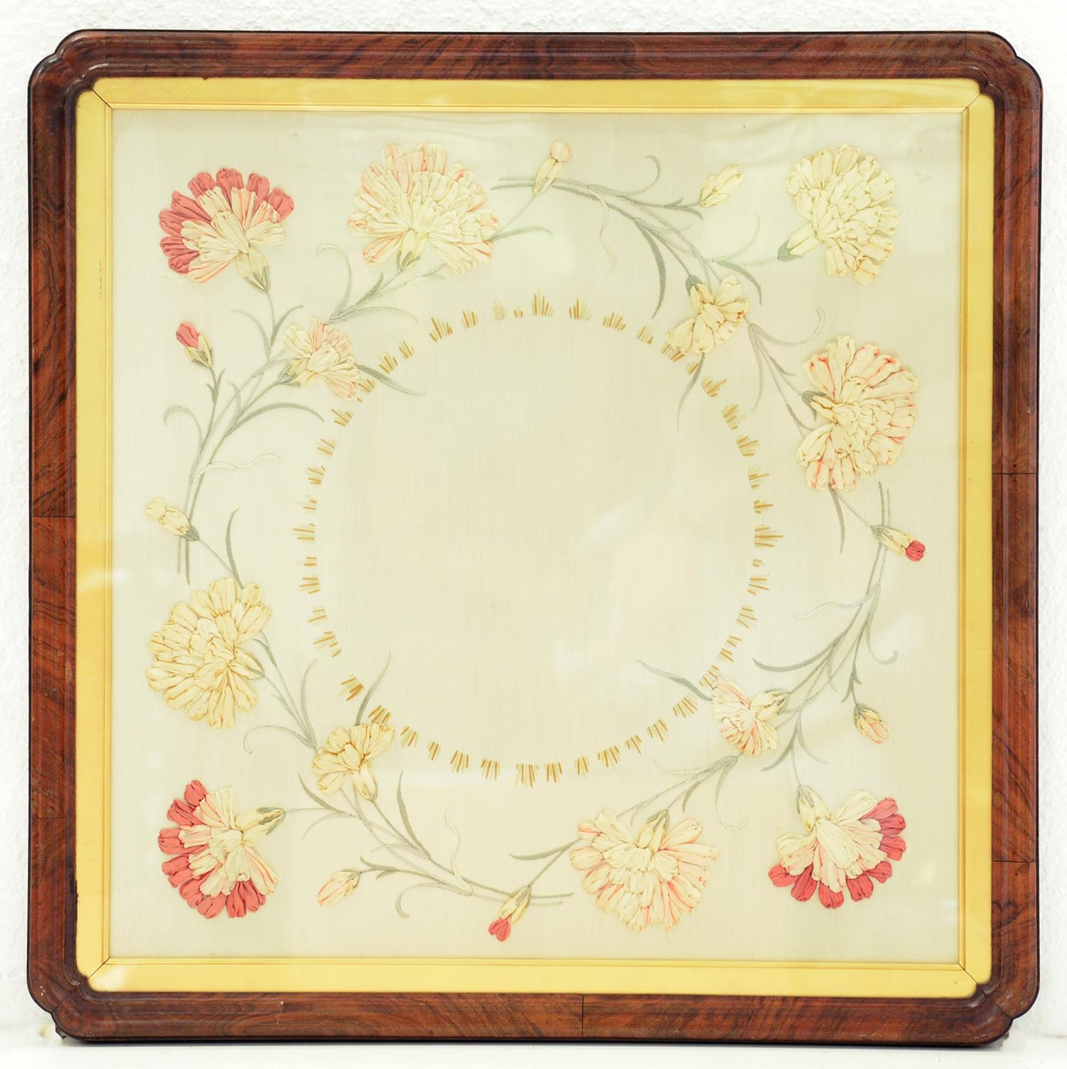 A square embroidered silk panel, late 19th / early 20th c, the rectangular walnut veneered frame