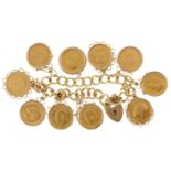 Gold coins.  A 9ct gold bracelet mounted with nine Half sovereigns,  various dates (Victoria young