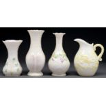Three Belleek vessels and a jug, late 20th c, various patterns and sizes, printed mark Good