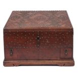 A North African brass studded wood box, early 20th c, the interior divided into compartments and