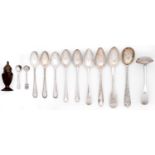 Miscellaneous Victorian and later silver tea and other spoons and an engraved silver trefid spoon,